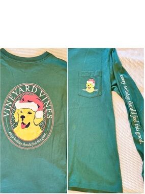 VINEYARD VINES Good Boy Christmas Green Long Sleeve Tee Pocket T-shirt